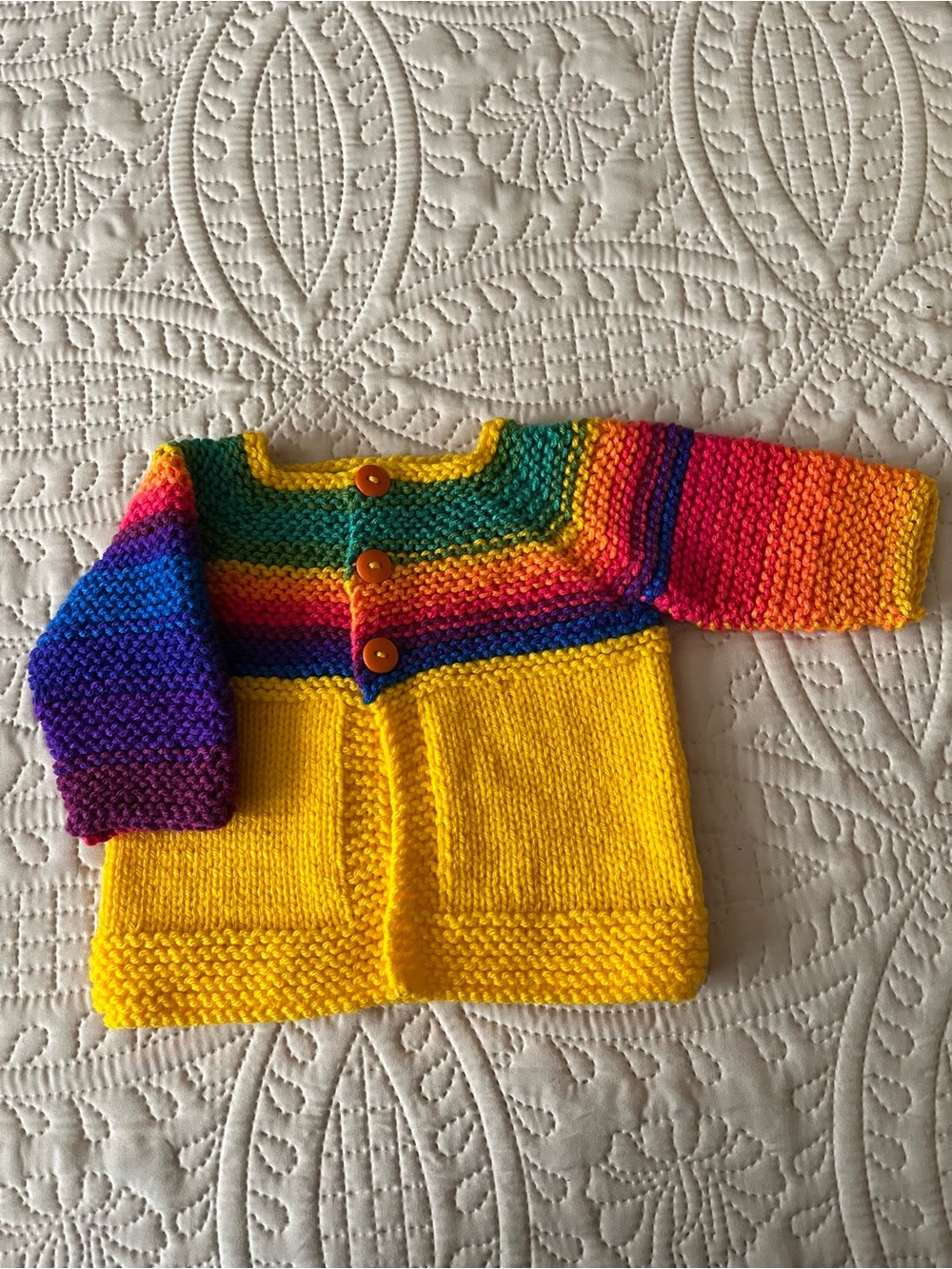 Hand-Knit Rainbow Yoke Yellow Baby Cardigan